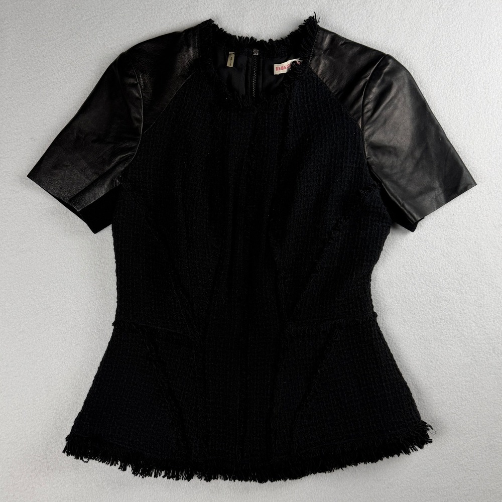Rebecca Taylor Women's Leather Sleeve Peplum Tweed Top Black Sz 6 - Picture 5 of 10